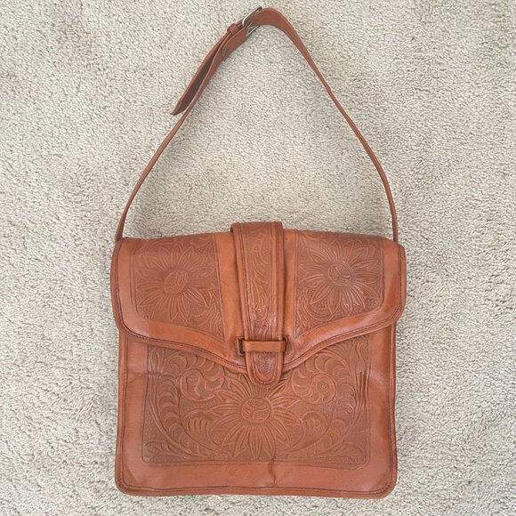 Vintage Hand-Tooled Leather Shoulder Bag – Mahogany Caramel Brown Floral Pattern - Picture 2 of 14